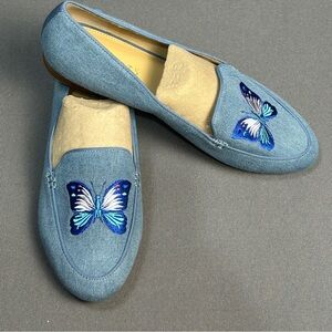 Talbots Ryan Embroidered Butterfly Size 10 Blue Denim Flats Cottagecore Comfort